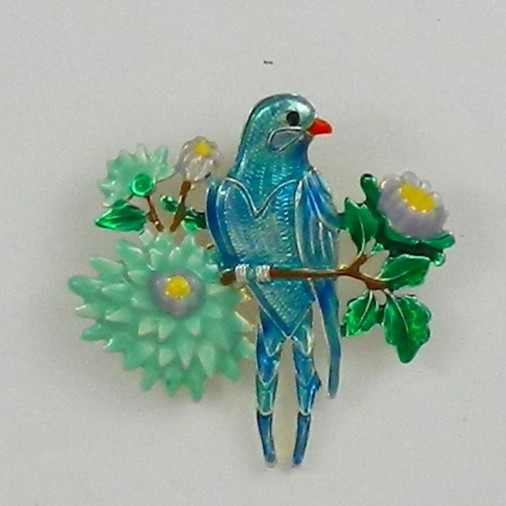Blue Bird & Flowers Brooch Signed MJ